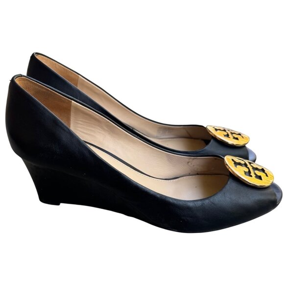 Tory Burch Shoes - Tory Burch Black Leather Wedge Peep Toe Pumps With Gold Logo Size 10M